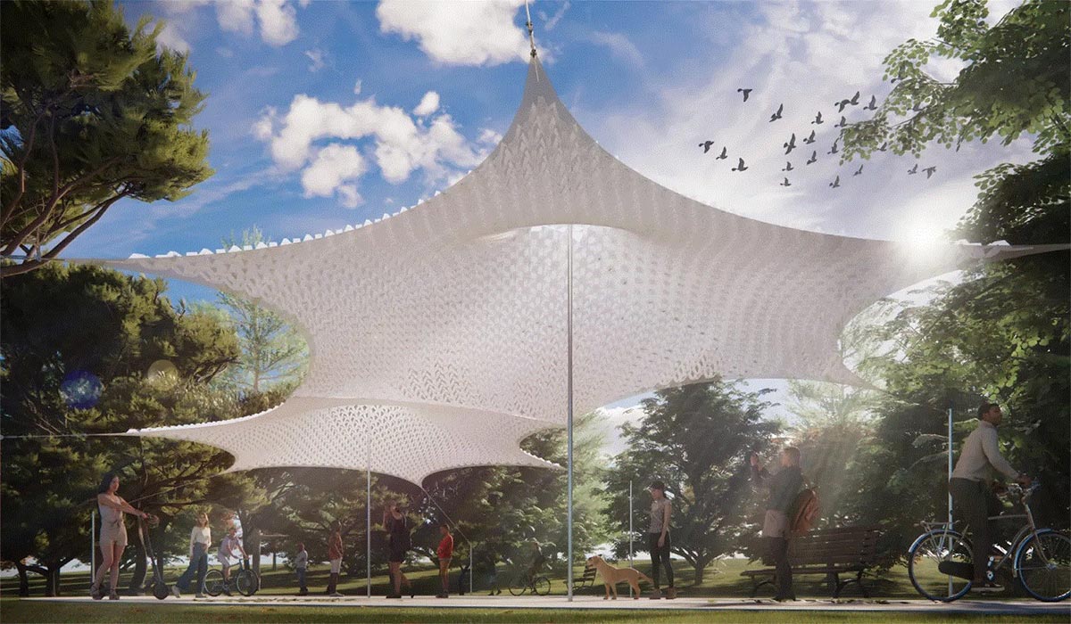 The HelioSkin flexible solar fabric, which moves toward the sun without a motor, is an example of solar energy innovation in modern architecture.