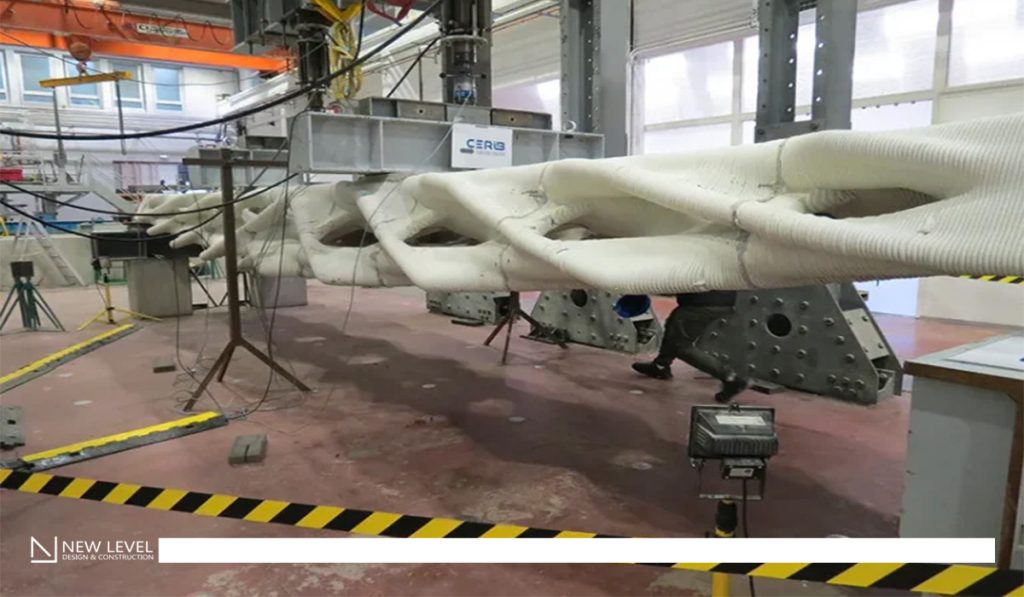 The Diamanti Bridge, built with 3D-printed low-carbon concrete, is an example of parametric design and sustainable architecture, showcased in both Venice and Paris.