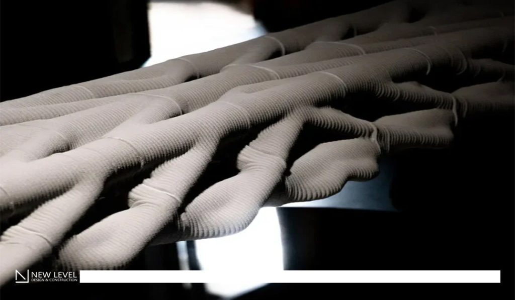 The Diamanti Bridge, built with 3D-printed low-carbon concrete, is an example of parametric design and sustainable architecture, showcased in both Venice and Paris.