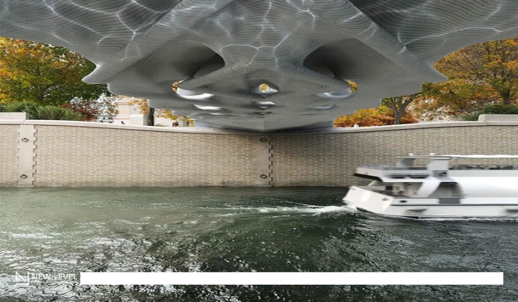 The Diamanti Bridge, built with 3D-printed low-carbon concrete, is an example of parametric design and sustainable architecture, showcased in both Venice and Paris.