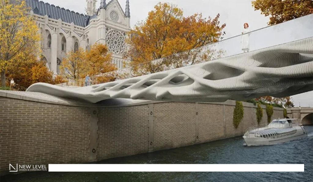 The Diamanti Bridge, built with 3D-printed low-carbon concrete, is an example of parametric design and sustainable architecture, showcased in both Venice and Paris.