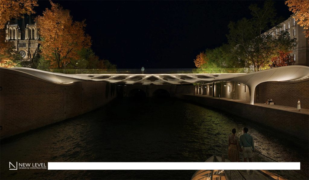 The Diamanti Bridge, built with 3D-printed low-carbon concrete, is an example of parametric design and sustainable architecture, showcased in both Venice and Paris.