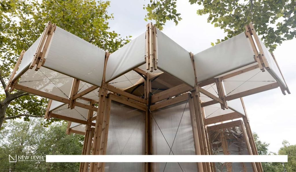 Innovative wooden and fabric structures for urban cooling and mitigating heat effects in urban environments.