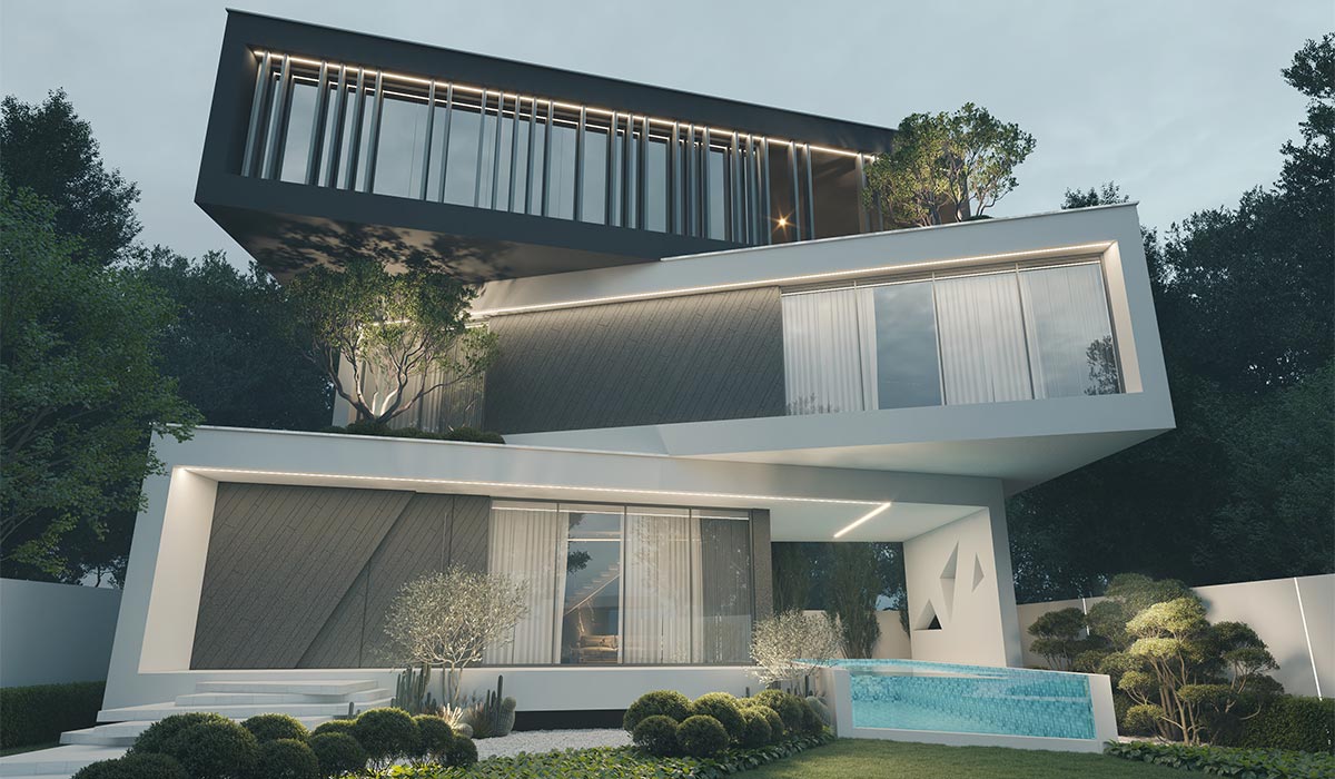 نمای مدرن ویلای زیگزاگ با نورپردازی خطی، حجم‌های معلق و بازشوهای گسترده که تهویه طبیعی و طراحی معمارانه را برجسته می‌کند.